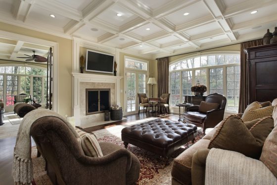 Large family room with ceiling crown molding